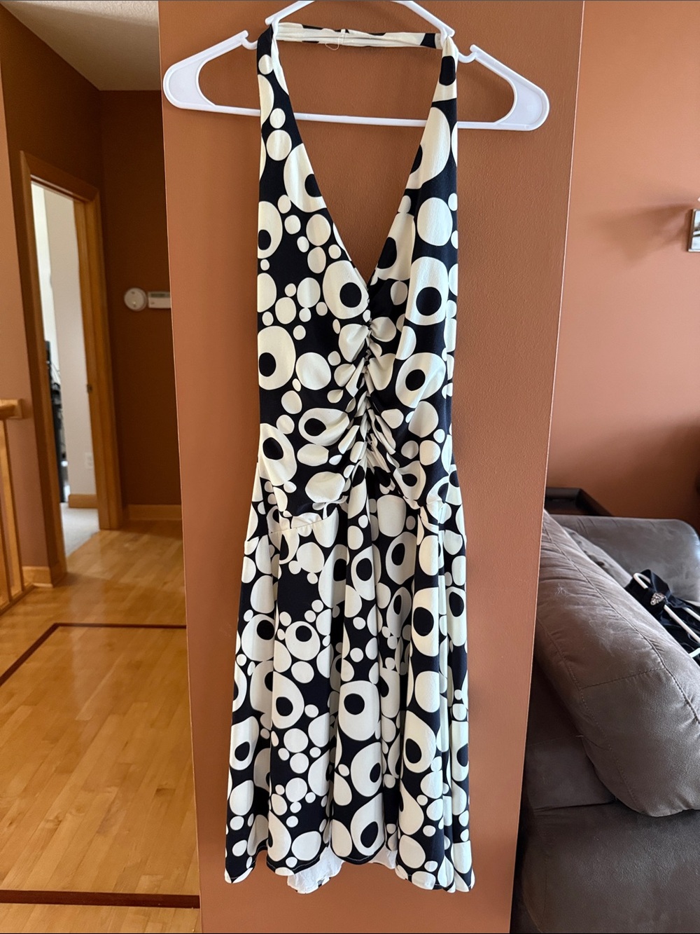Maggy London Black and Cream One-Shoulder Polka Dot Dress